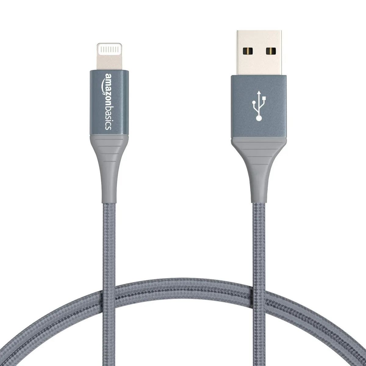 Dark gray nylon braided USB-A to Lightning cable, six feet long, male-to-male connectors