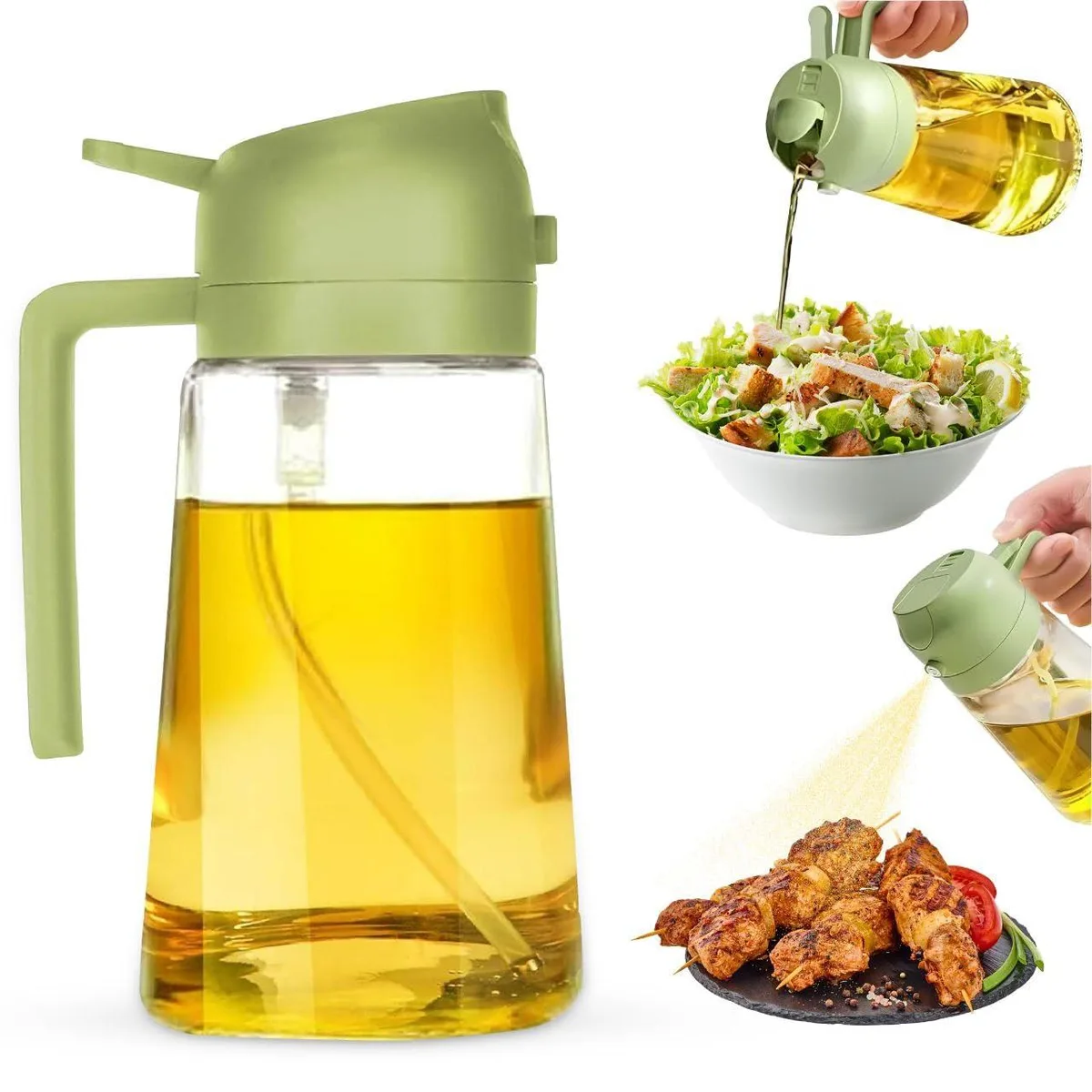  2-in-1 Olive Oil Dispenser Bottle Spray Pour 470 ml Green — product photo