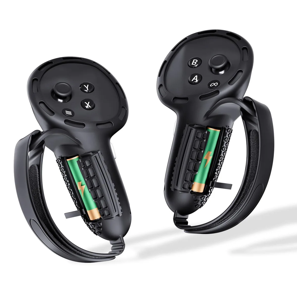 Black silicone controller grips with battery opening and adjustable knuckle straps