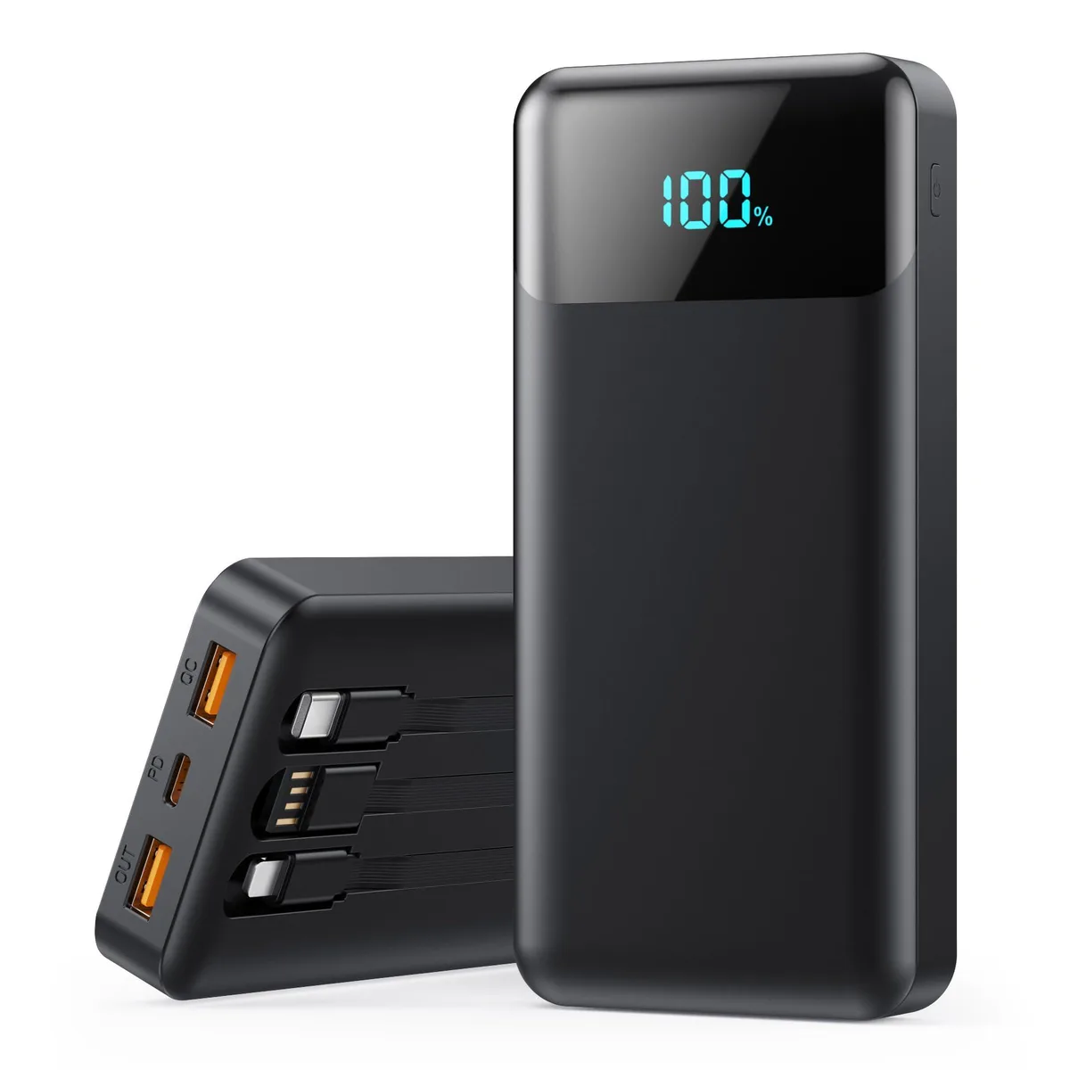 Black rectangular power bank with three built-in cables and LED display