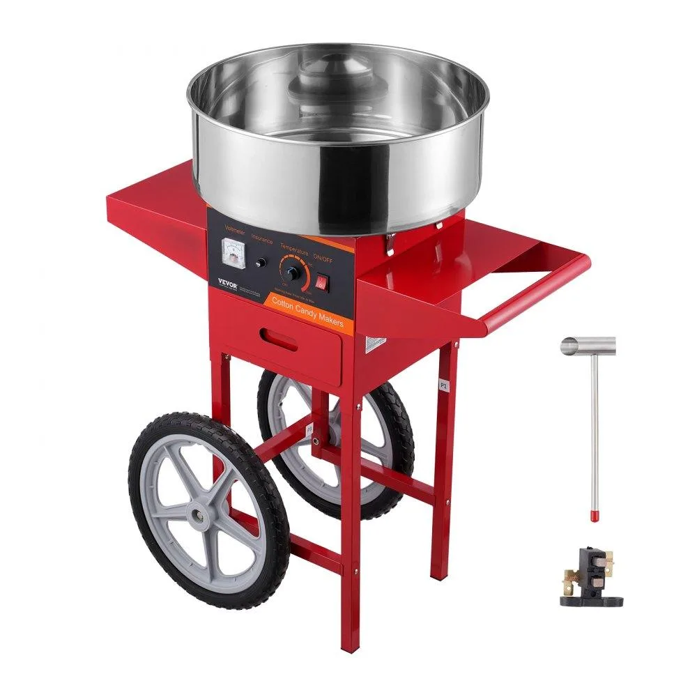 Red cotton candy machine on a wheeled cart with a stainless steel bowl and sugar drawer