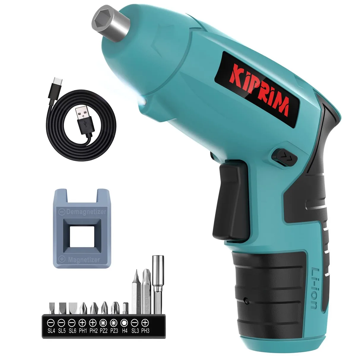 Blue DeWalt ES3 cordless screwdriver with LED light and 11-piece bit set
