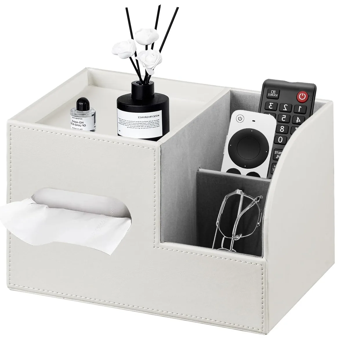 Square PU leather tissue box cover with top storage tray and side compartments, neutral finish