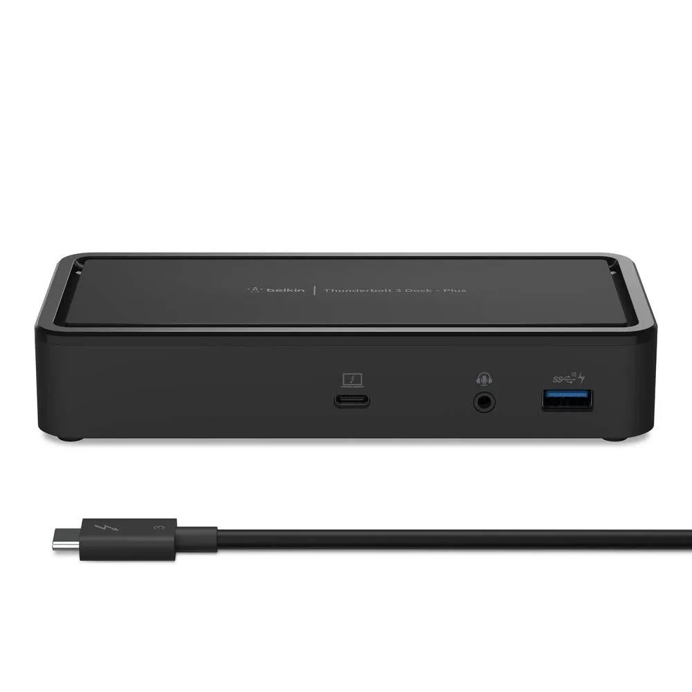 Silver rectangular Thunderbolt 3 dock with front USB-C and audio ports, rear Ethernet, USB-A, USB-C and DisplayPort sockets