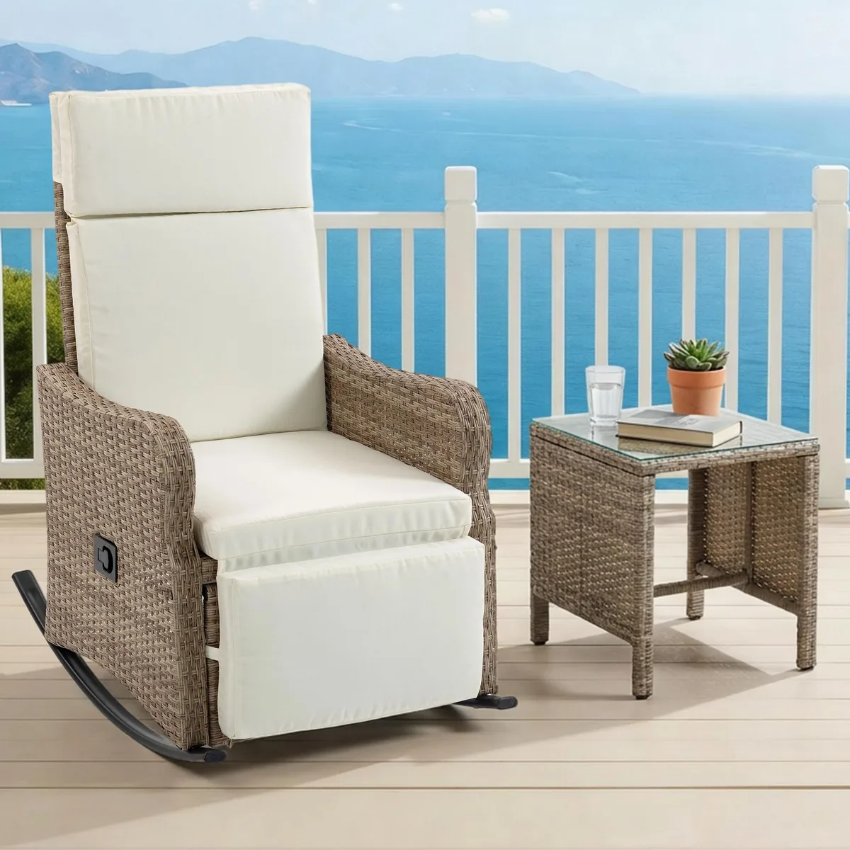 Light beige rattan wicker recliner chair with removable cushion and curved rocking base