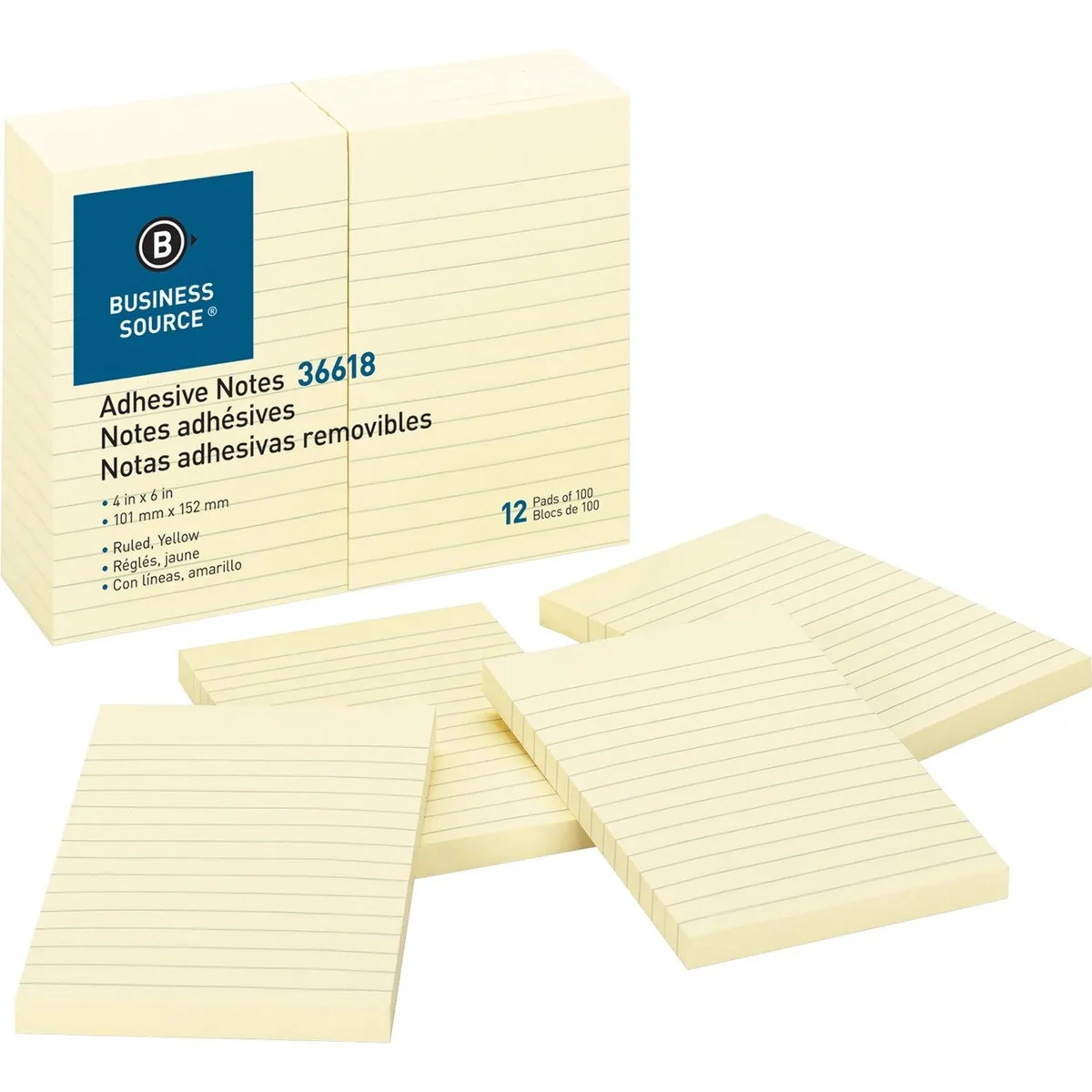 Business Source Business Source 36618 Ruled Adhesive Notes 4x6 100 Sh 12 Pk Yellow — product photo