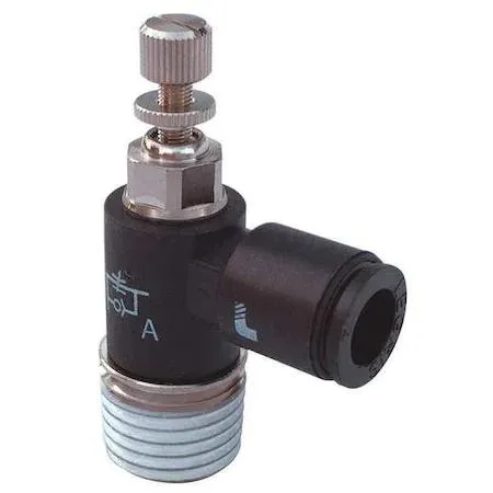Miniature flow control elbow, nickel-plated polymer body, R1/8 BSPT thread, 4 mm tube connection
