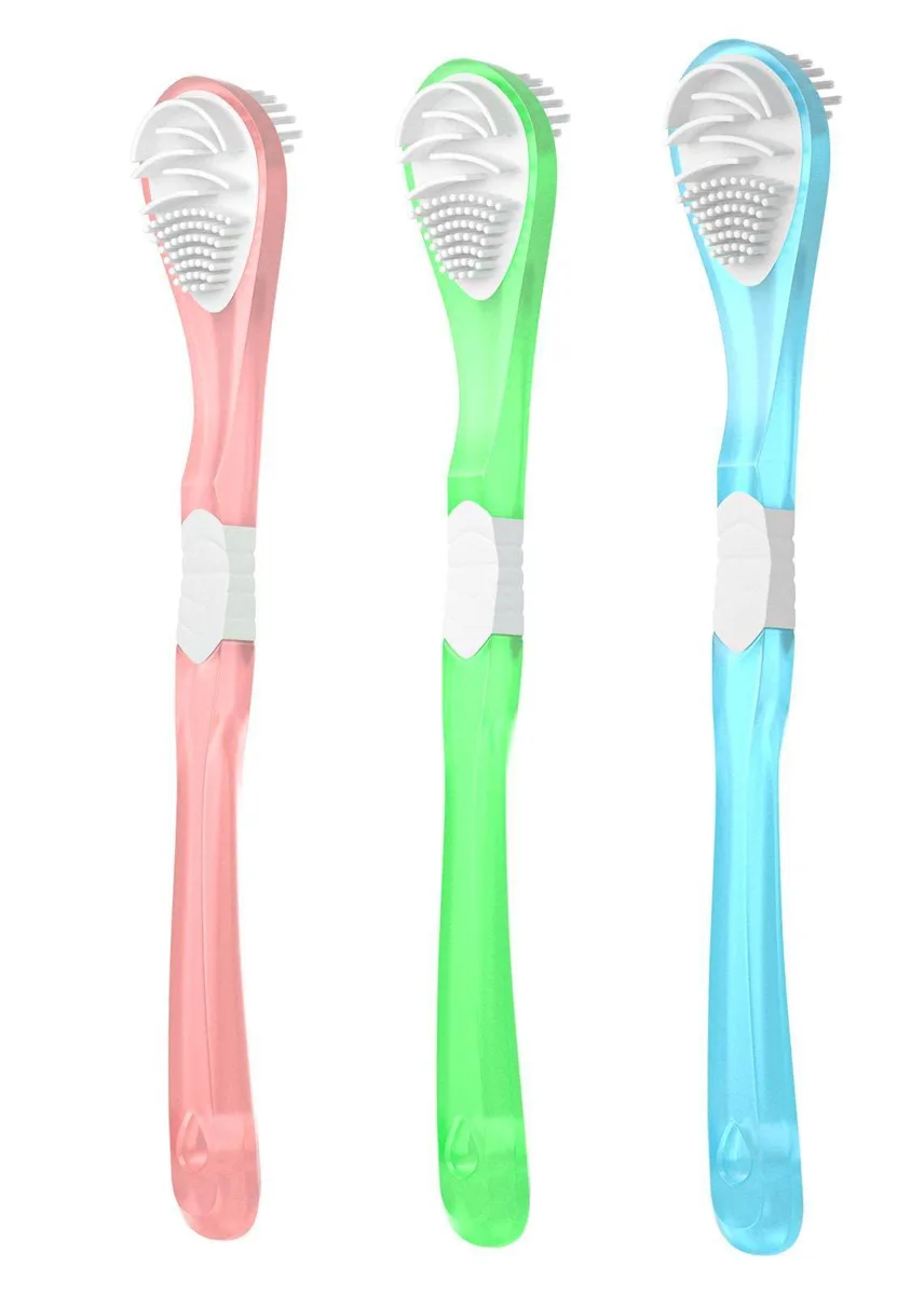 Three tongue scrapers with dual-sided heads and textured handles