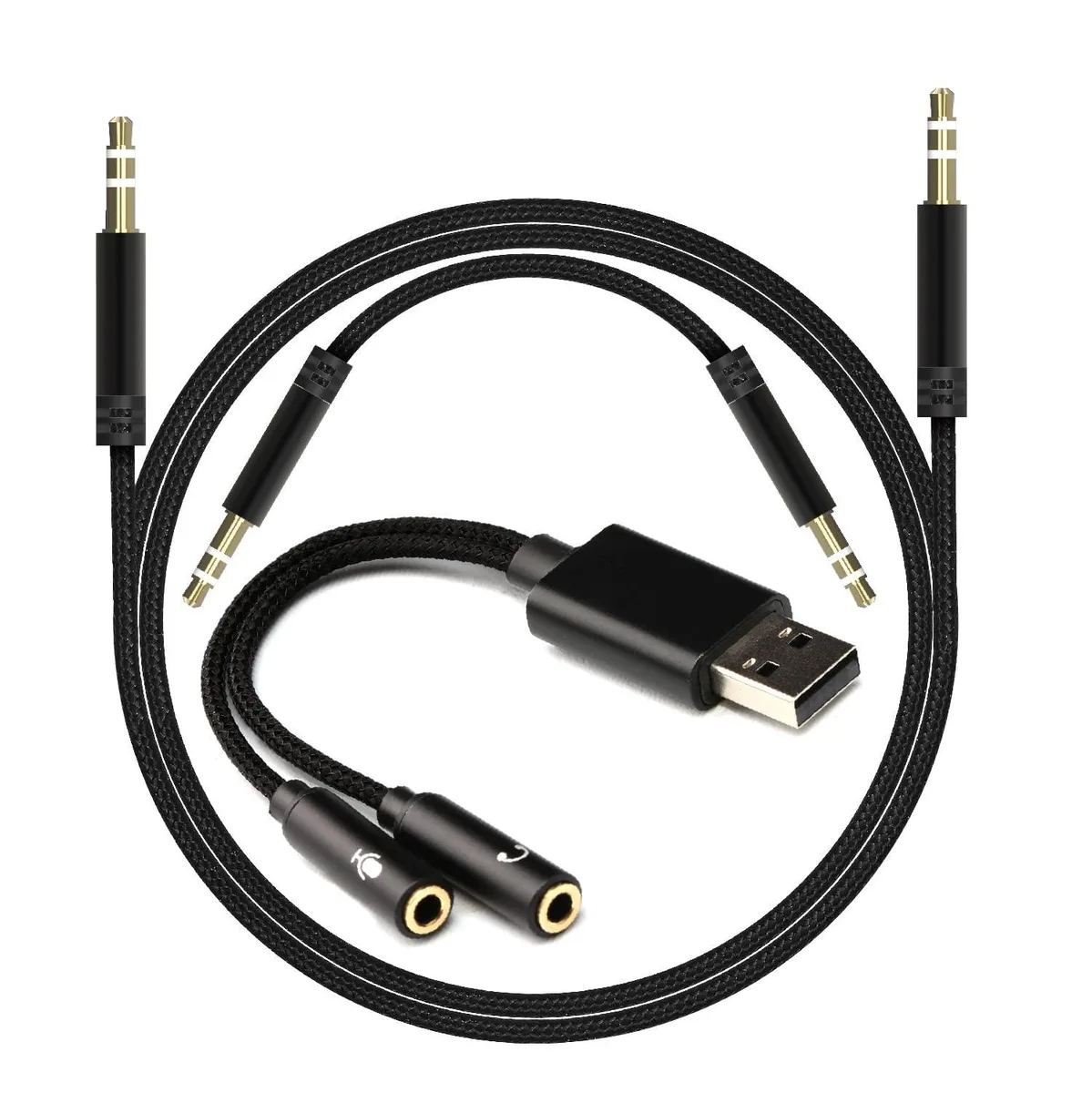 EBEETECH USB to Dual 3.5mm Audio Adapter 3-Pack Black — product photo