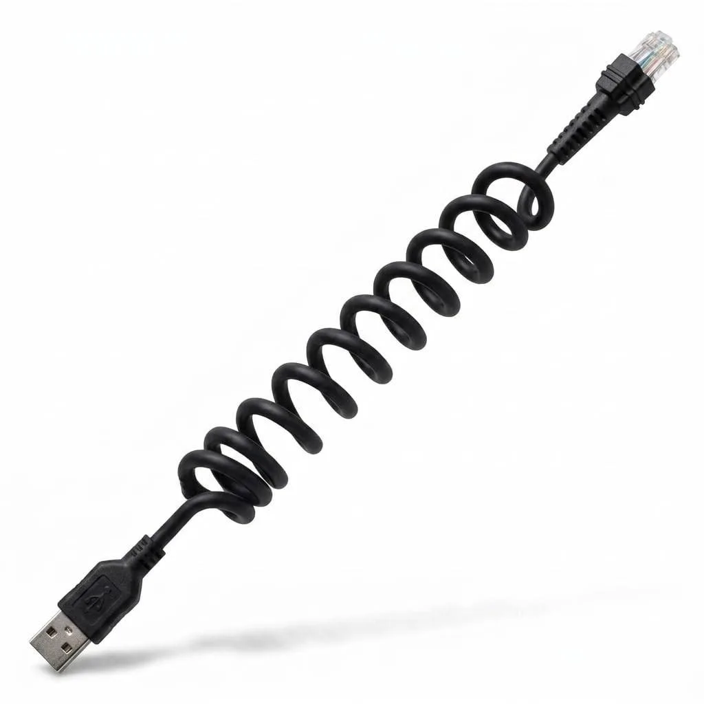 Black coiled USB to RJ50 scanner cable with gold connectors