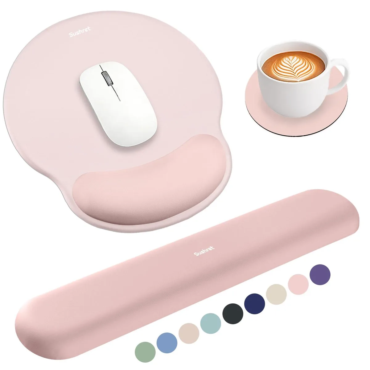 Pink fabric mouse pad and keyboard wrist rest set with memory foam base, 17.32 by 3.15 inches