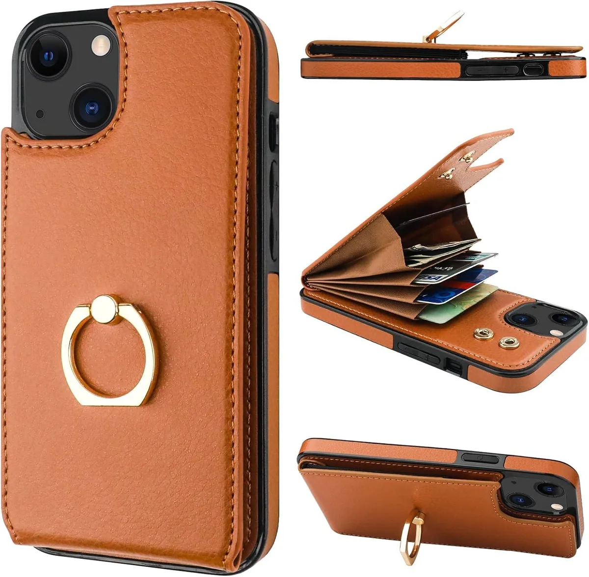 TAURKENAM TAURKENAM iPhone 13 Wallet Case 360 Ring Kickstand RFID Brown 6.1 Inch — product photo