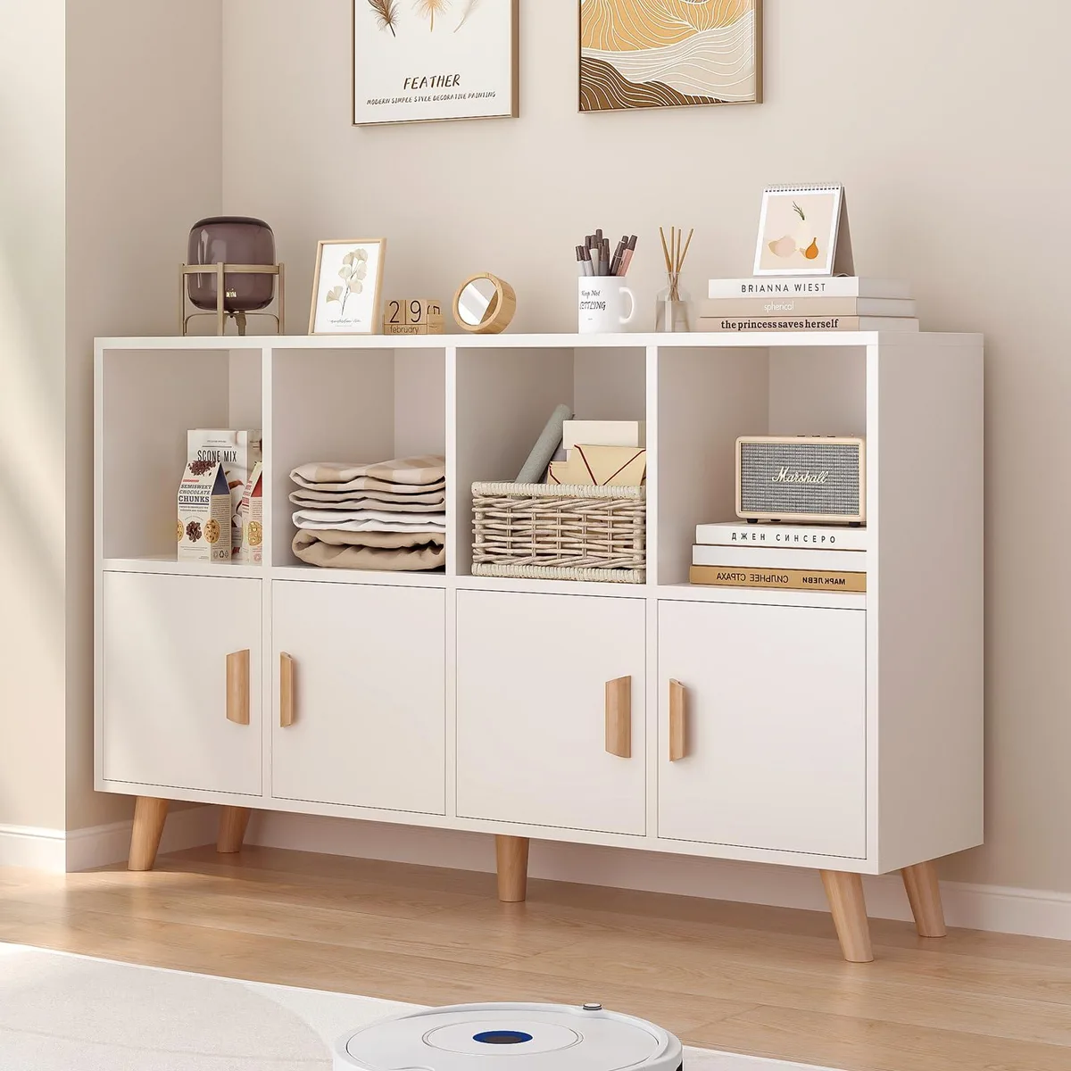 OSCHF Cubby Shelf Bookcase 8 Cube 4 Door Warm White — product photo