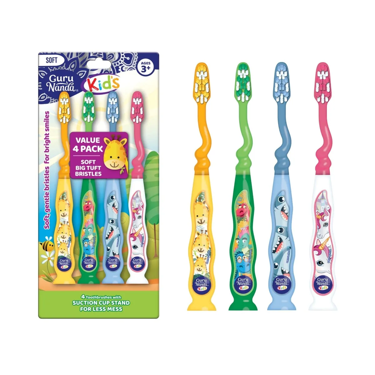 Four white manual kids toothbrushes with suction cup bases and animal designs