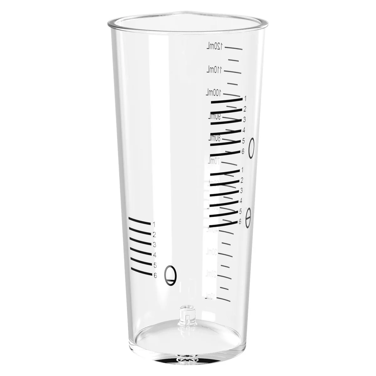 Clear plastic 8 oz measuring cup with ml markings and integrated egg piercer