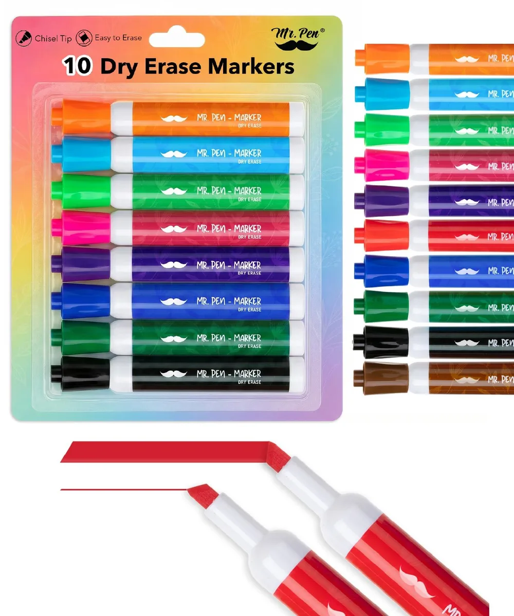 Ten chisel-tip dry-erase markers in assorted colours, barrel bodies, low-odour ink
