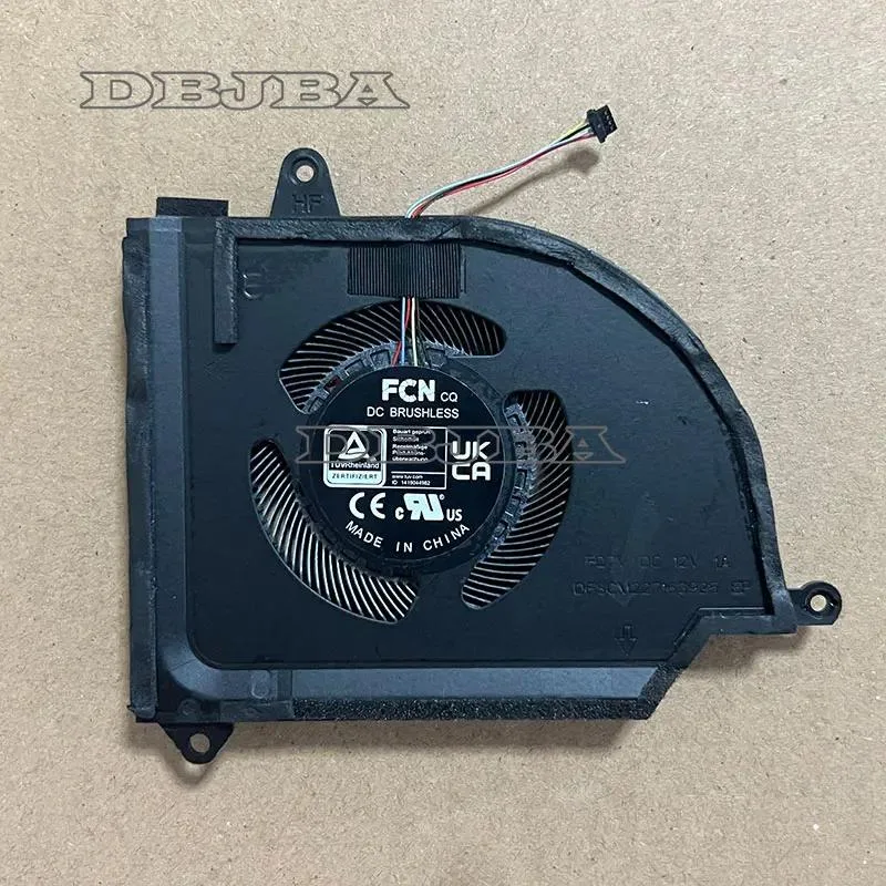 Small black laptop GPU cooling fan with plastic housing and wire connector