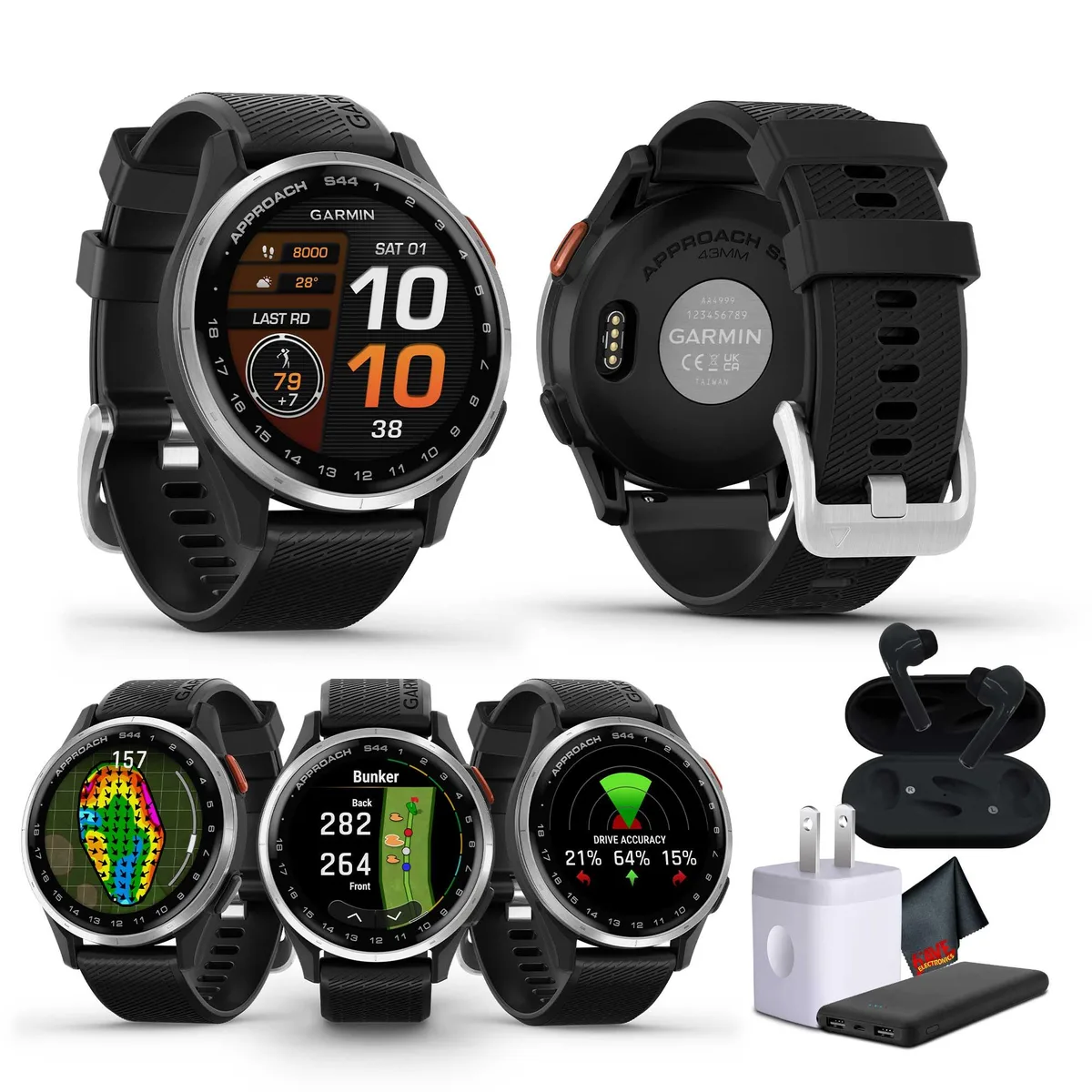 Garmin Garmin Approach S44 GPS Golf Smartwatch 1.2 inch AMOLED Silver Black Silicone Bundle — product photo