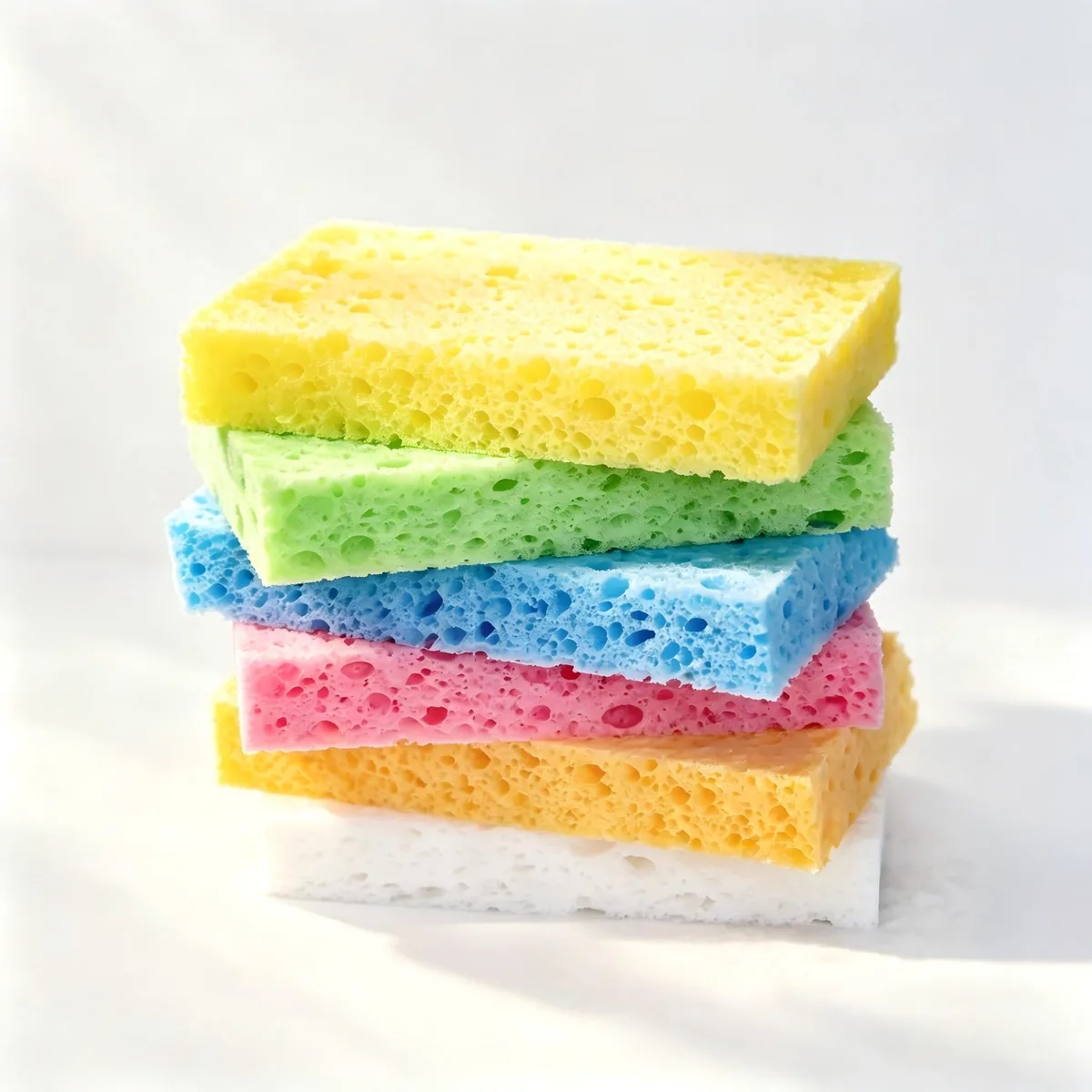 Six compressed cellulose sponges in assorted colours expand to 4.5 x 2.76 x .78 inches when wet