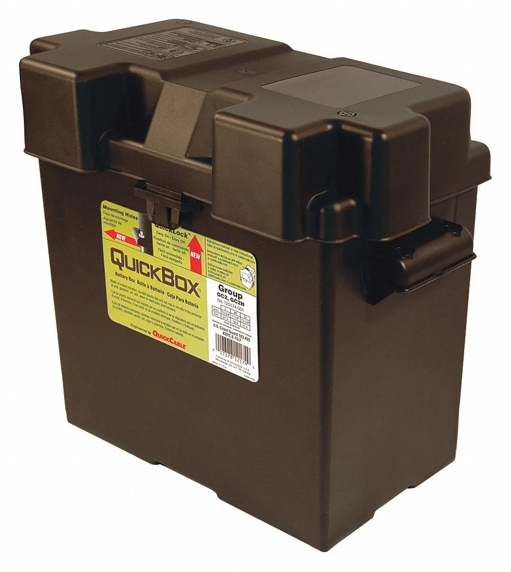 Black plastic battery box with removable snap-on lid, rectangular shape, smooth matte finish