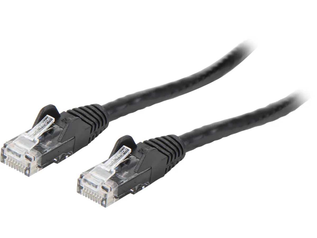 Black Cat6 patch cable, 20 ft long, snagless RJ45 connectors with gold plating, PVC jacket
