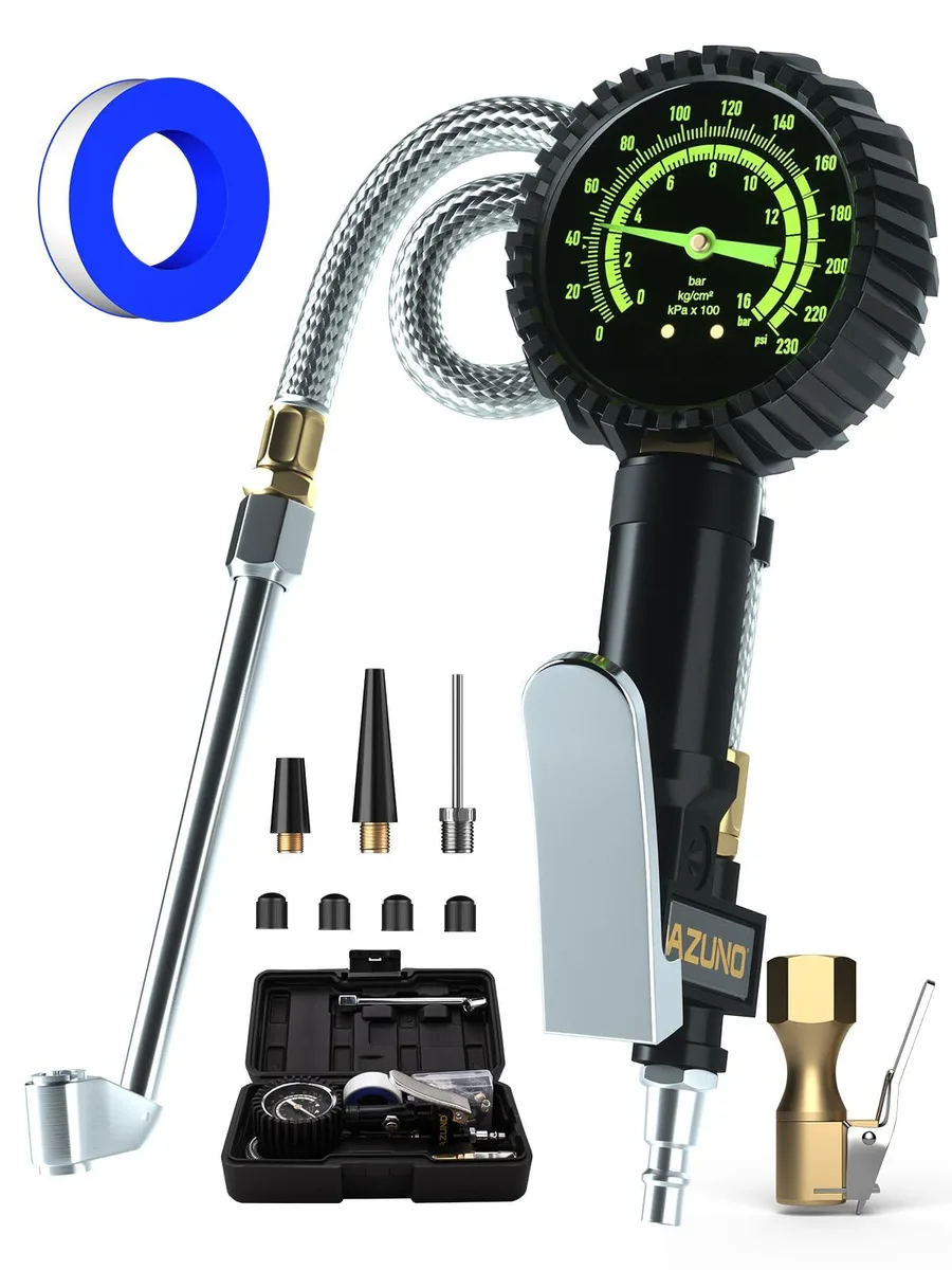 KEHIPI KEHIPI Heavy Duty Tire Pressure Gauge 230PSI 2.6" Glow Dial Steel Braided Hose — product photo