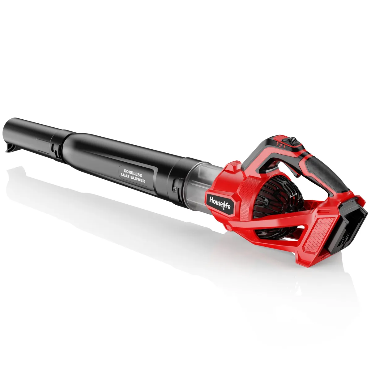 Orange cordless leaf blower with black handle and trigger, compatible with Milwaukee M18 battery