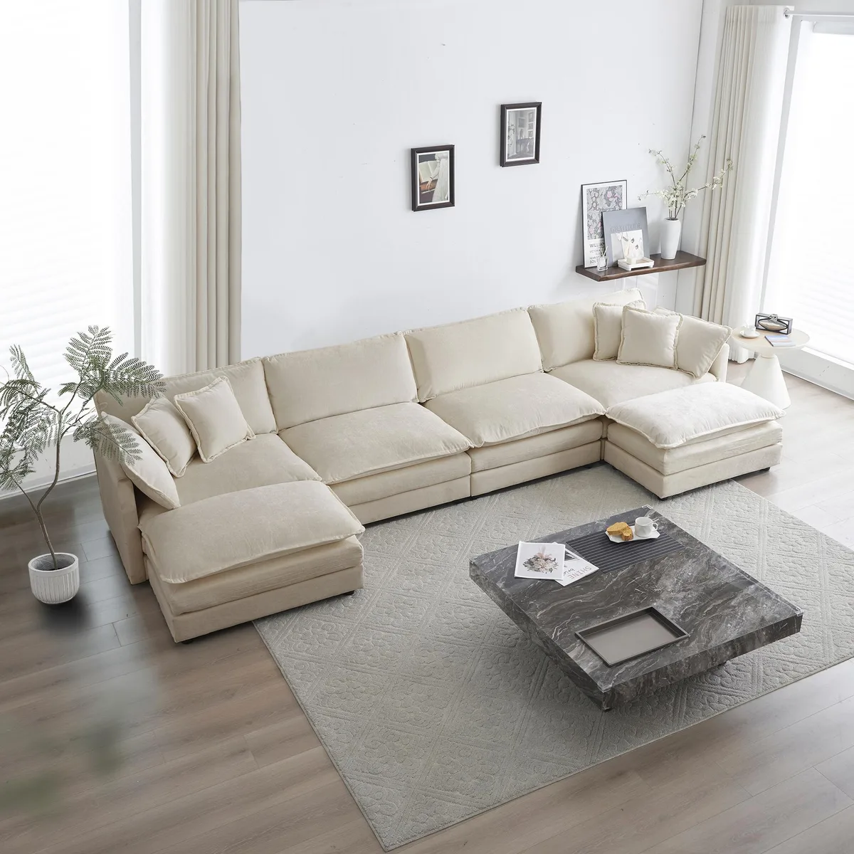 Beige chenille U-shaped sectional with reversible chaise and two ottomans