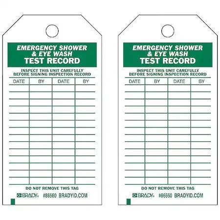 White rectangular polyester tag with green text and hole, pack of 10