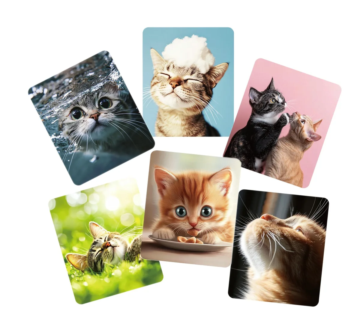 Six square microfiber cloths with assorted cat prints, pastel colours, 6x7 inches