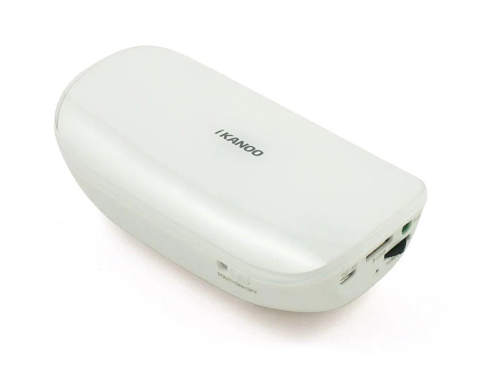 White rectangular Bluetooth speaker with rounded edges, built-in power bank and microphone