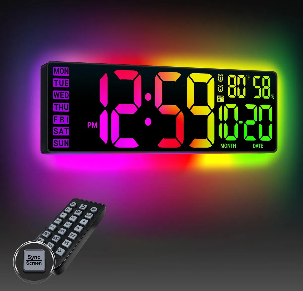 Rectangular 16.5 inch digital wall clock with RGB LED display and long power cord