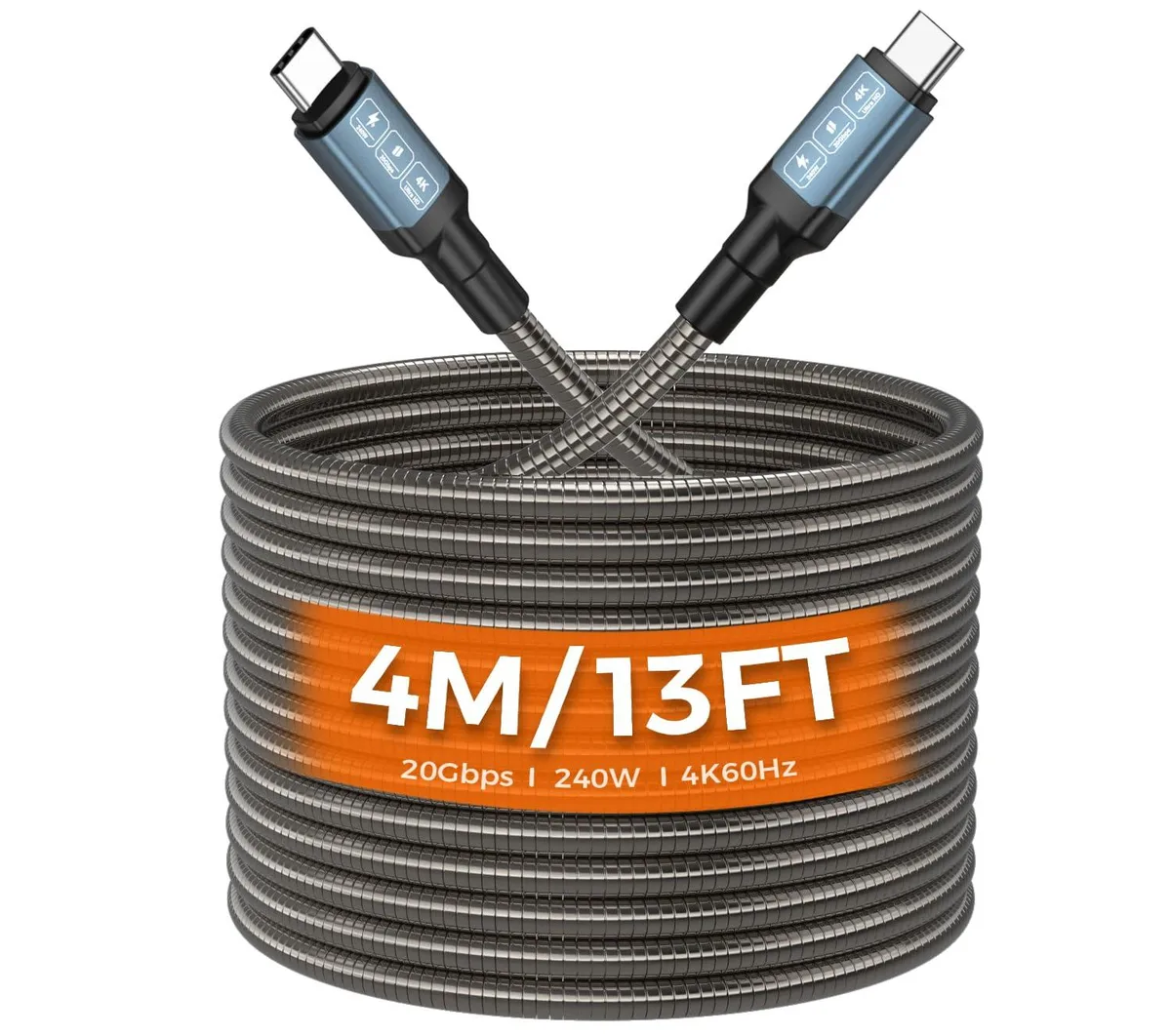 Thirteen-foot black metal-braided USB-C to USB-C cable with reinforced ends