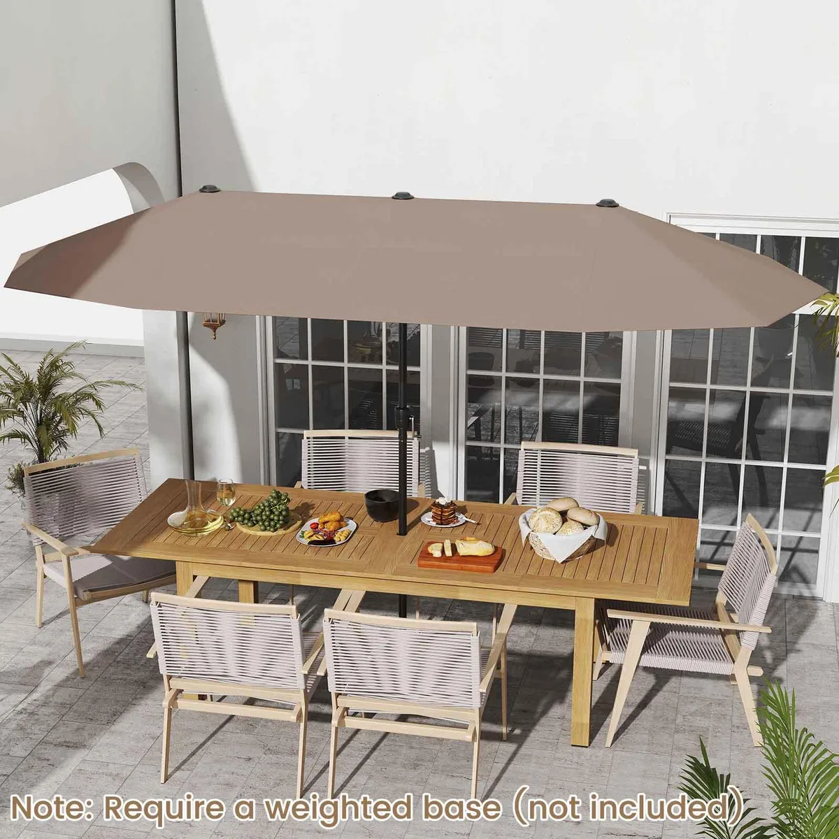 Large coffee patio umbrella with crank handle and double-sided canopy