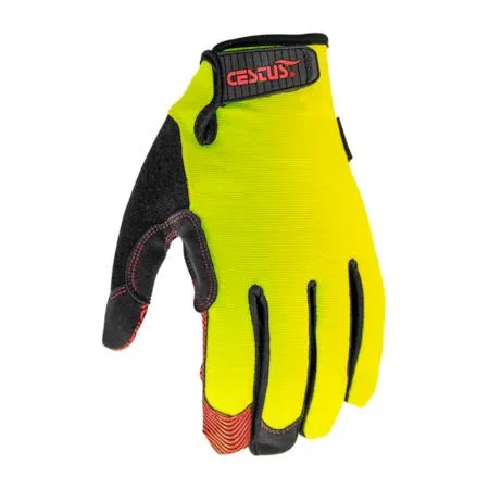 Pair of medium grey work gloves with textured silicone palm grip and reinforced fingertips