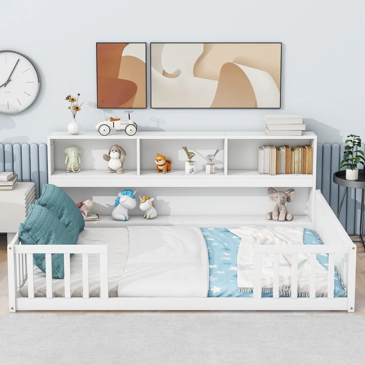 White pine full floor bed with attached side bookcase shelves and guardrails with opening