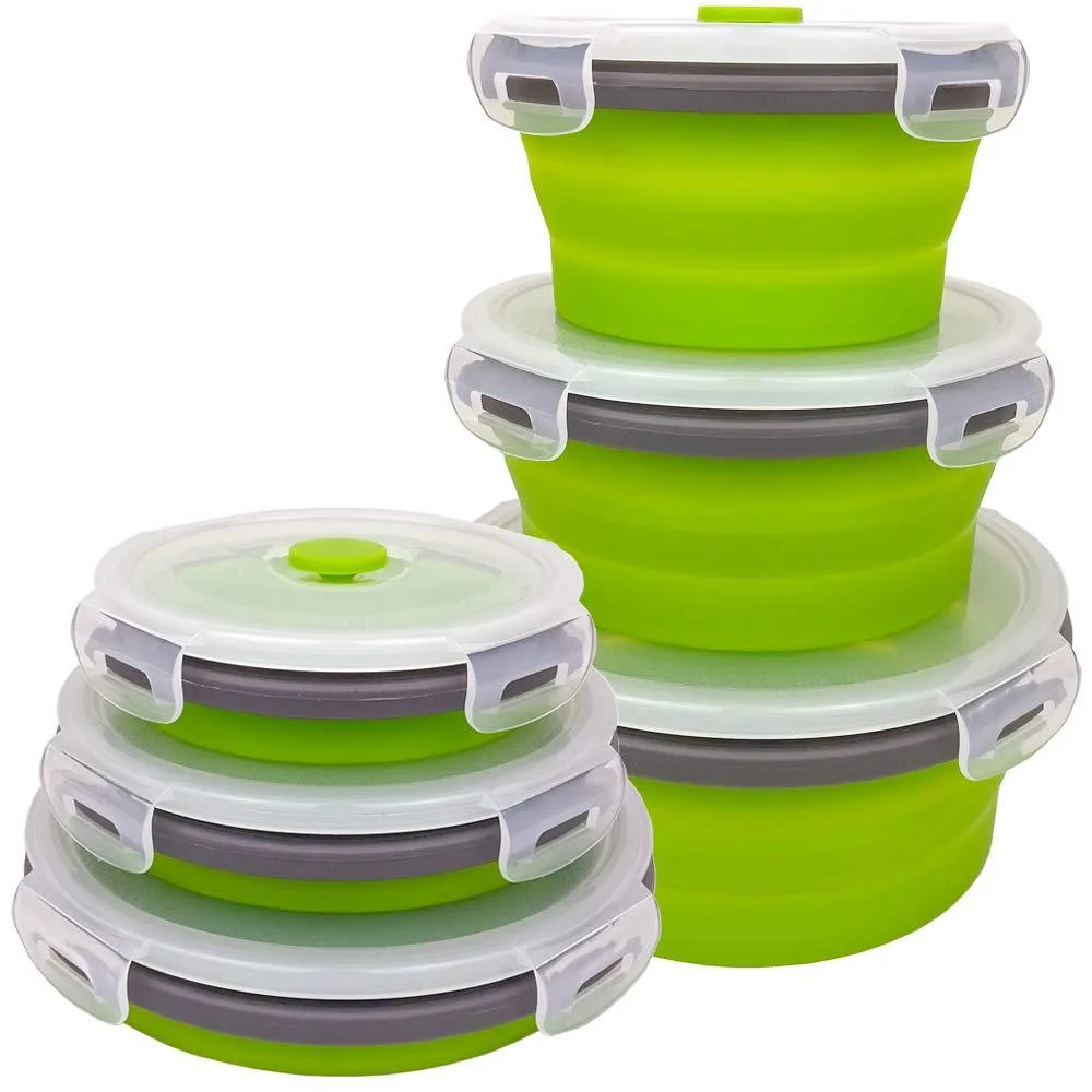 Three red collapsible silicone food containers with snap-lock lids, nested together
