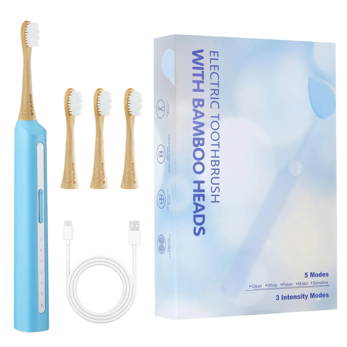 Light blue sonic toothbrush with bamboo brush heads, ABS handle, battery powered