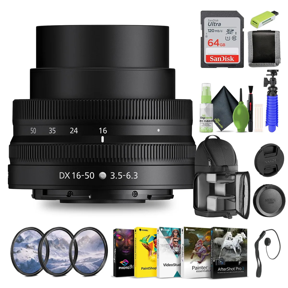 Nikon Inc Nikon NIKKOR Z DX 16-50mm f/3.5-6.3 VR Lens Bundle with 64GB Card, Filter Kit, Backpack and Accessories — product photo