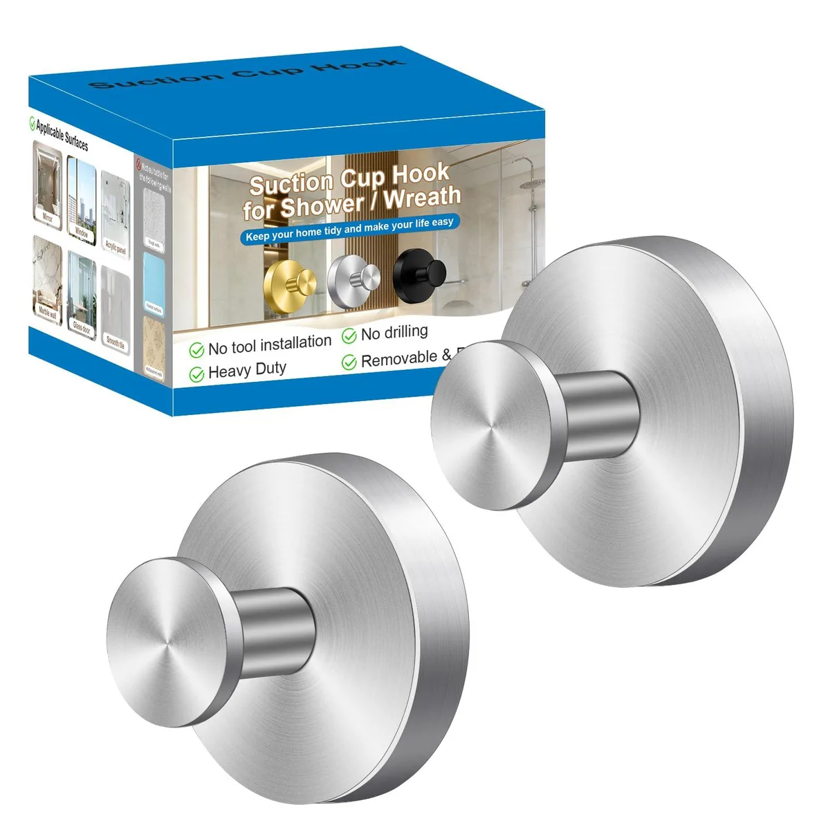 Two silver stainless steel suction cup hooks with clear PVC cups, 2.36 by 1.96 inches each