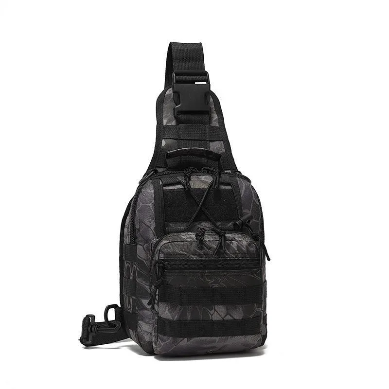 Black Python tactical sling bag in 600D waterproof Oxford cloth, approx 11.02 x 7.5 x 6 inches, three compartments
