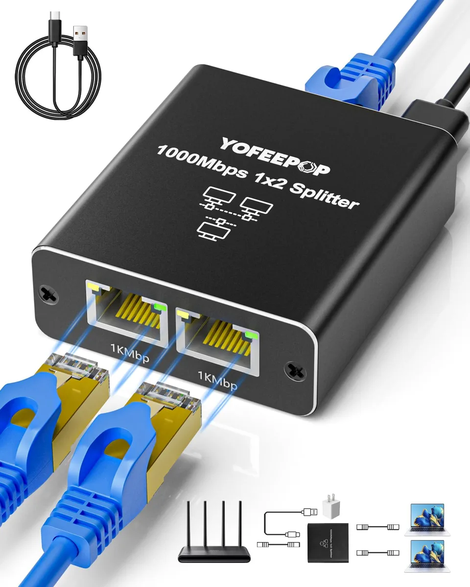 Gigabit Ethernet Splitter 1 to 2 1000Mbps RJ45 USB-C Power — product photo