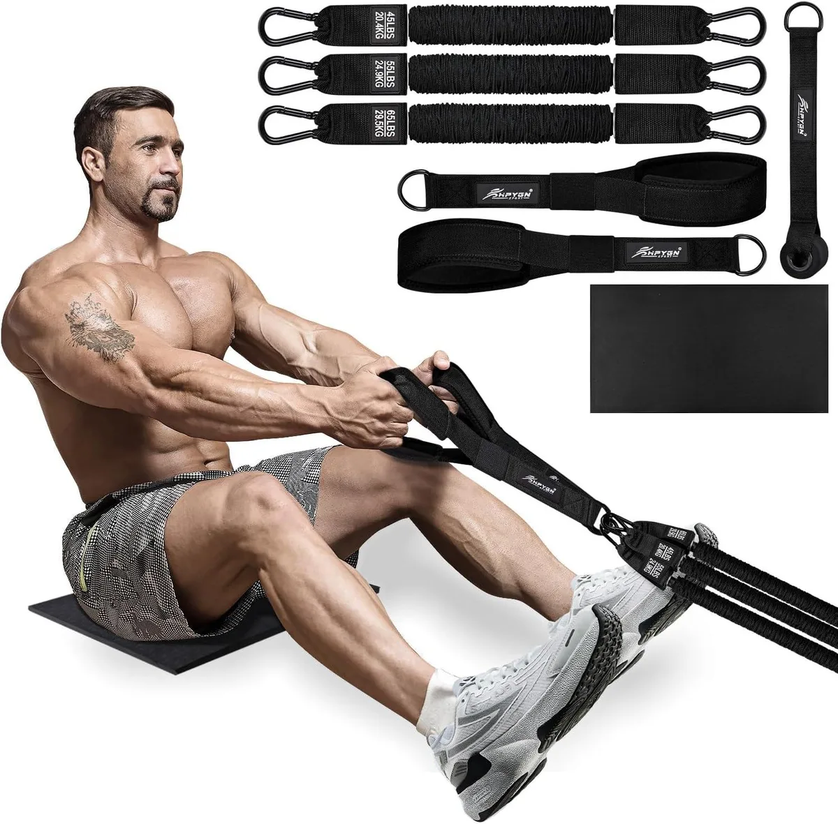 Set of resistance bands with handles and a door anchor for rowing workouts