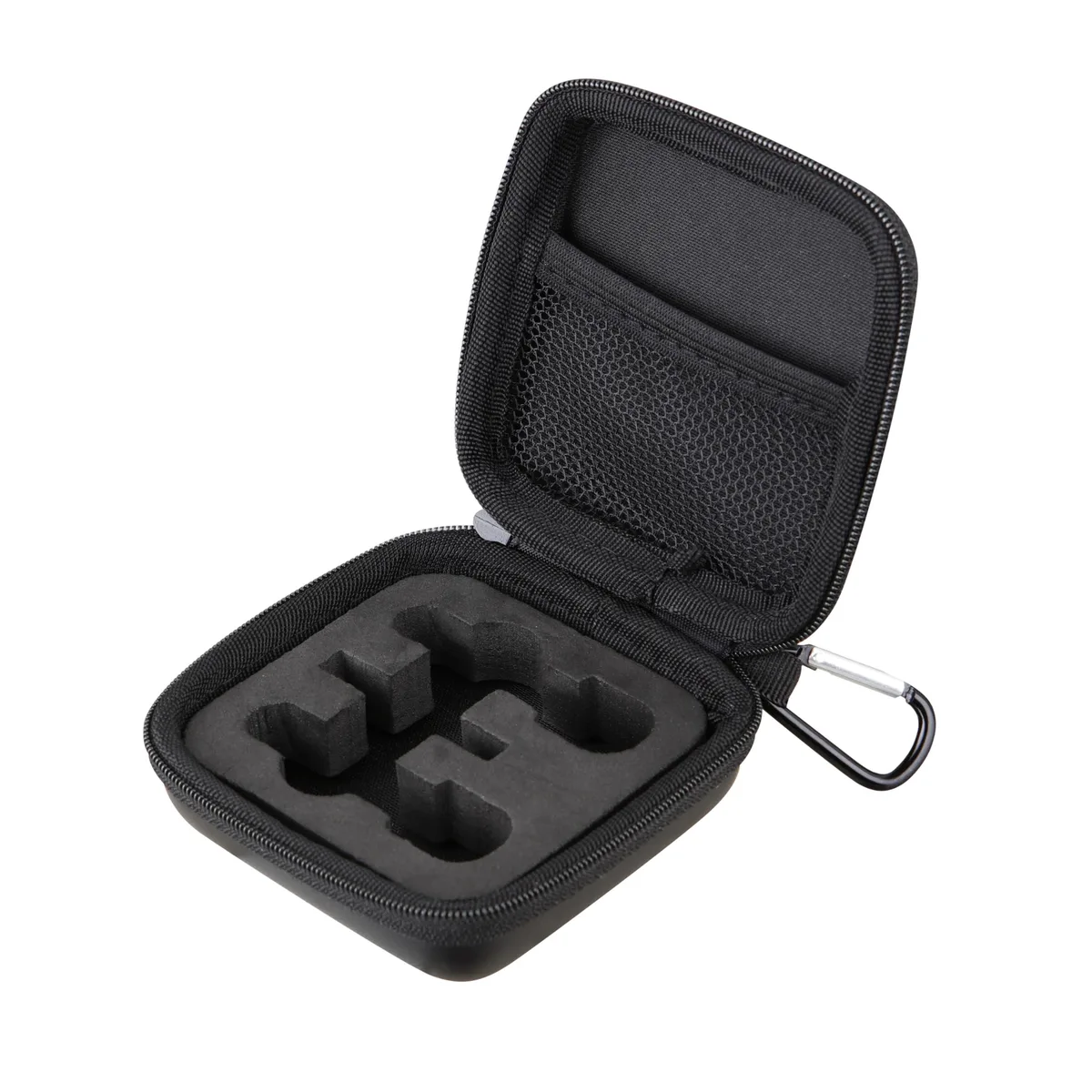 Compact black EVA case with zipper and hook, 3.69 by 3.69 by 1.6 inches