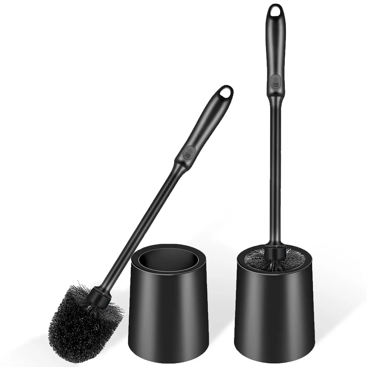 Two black toilet brushes with long handles and matching holders on a flat surface