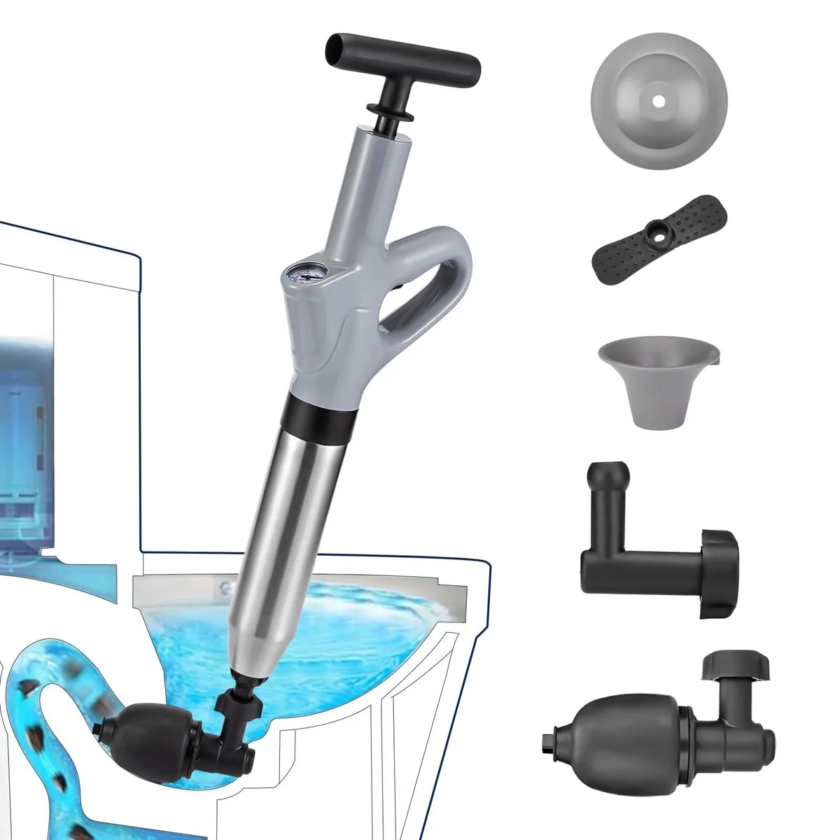 Grey air drain blaster set, twelve compact units with pressure gauges
