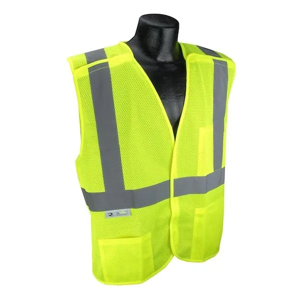 High-visibility green mesh safety vest with X-back reflective tape and breakaway hook-and-loop closures