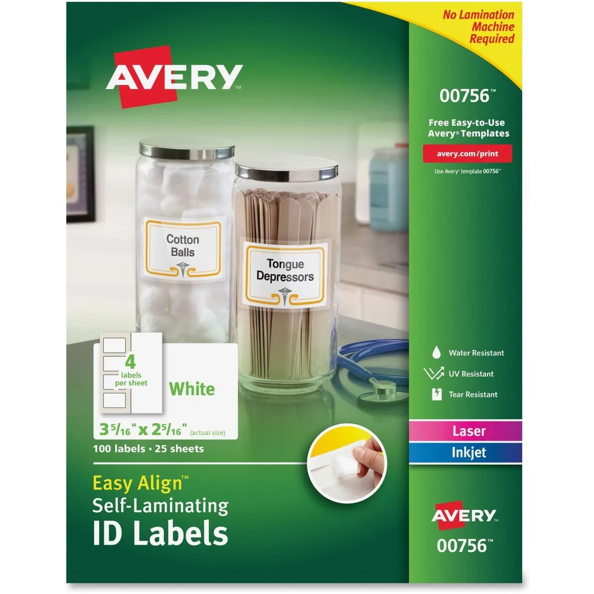 White rectangular self-laminating ID labels on letter-size sheets, 100 pack