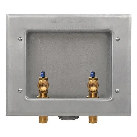 Galvanized metal washing machine outlet box with two valves and threaded drain fitting