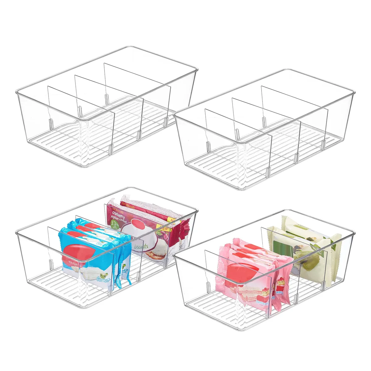 Four clear plastic bins with removable dividers, 10.4 by 6.1 by 3.5 inches